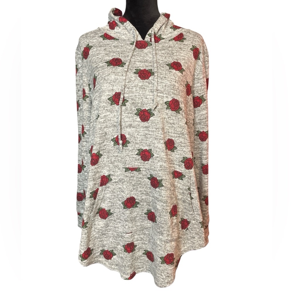 No Boundaries Heathered Gray Red Rose Floral Hoodie Top